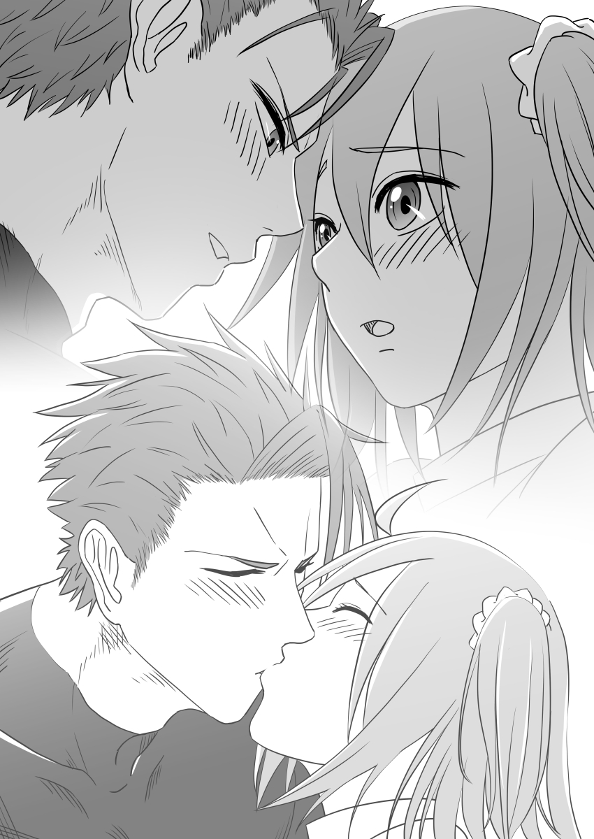 1boy 1girl absurdres ahoge blush commentary_request fate/grand_order fate_(series) fujimaru_ritsuka_(female) greyscale hair_ornament hair_scrunchie hetero highres irokawa_iku kiss lancelot_(fate/grand_order) monochrome one_side_up scrunchie turtleneck
