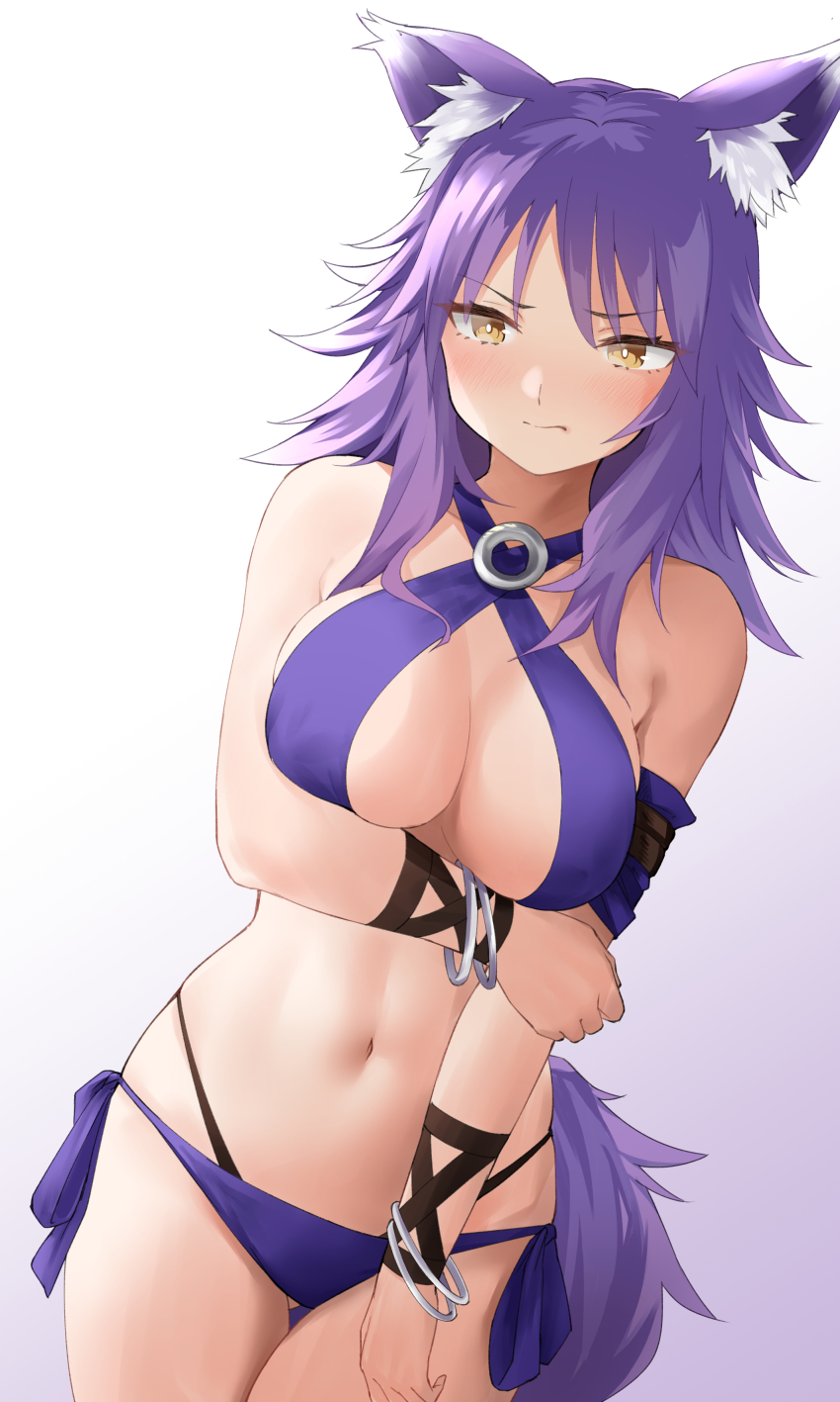 1girl absurdres animal_ears arm_grab bikini bracelet breasts cleavage hand_on_own_elbow highres jewelry large_breasts makoto_(princess_connect!) makoto_(summer)_(princess_connect!) ndsa7423 princess_connect! purple_hair spiked_hair standing swimsuit tail white_background wolf_ears wolf_tail wrist_cuffs yellow_eyes