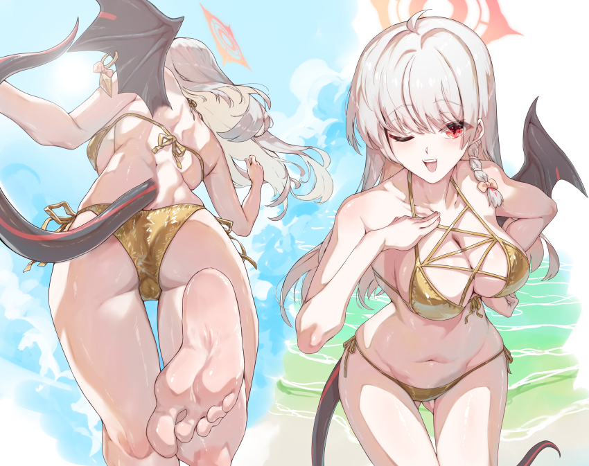 1girl ;d absurdres ass barefoot bikini black_tail black_wings blue_archive braid breasts cleavage collarbone commentary_request demon_wings feet gold_bikini golden_week halo hand_on_own_chest haruna_(blue_archive) highres large_breasts long_hair multiple_views navel one_eye_closed open_mouth red_eyes red_halo side_braid single_wing smile soles stomach sunnysideup swimsuit toes tongue white_hair wings