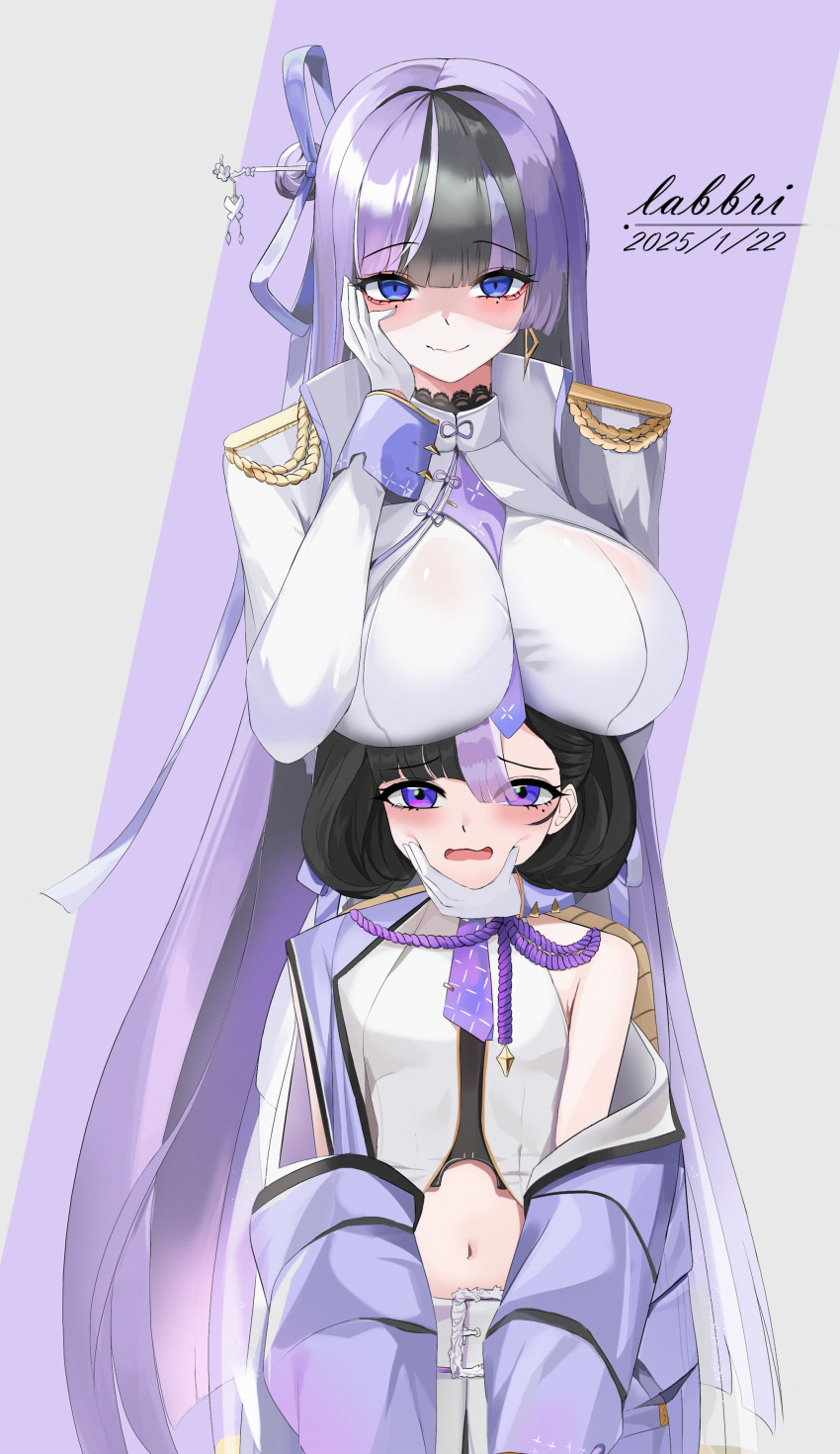 2girls absurdres artist_name black_hair blue_eyes breast_rest breasts breasts_on_head chinese_hairpin coat commentary_request crop_top dated dress epaulettes gloves goddess_of_victory:_nikke hand_on_another&#039;s_face hand_on_own_cheek hand_on_own_face highres jien_(nikke) labbri large_breasts long_hair midriff mole mole_under_eye multicolored_hair multiple_girls navel purple_eyes purple_hair short_hair small_breasts smile step-siblings syuen_(nikke) two-tone_background two-tone_hair very_long_hair white_coat white_dress white_gloves