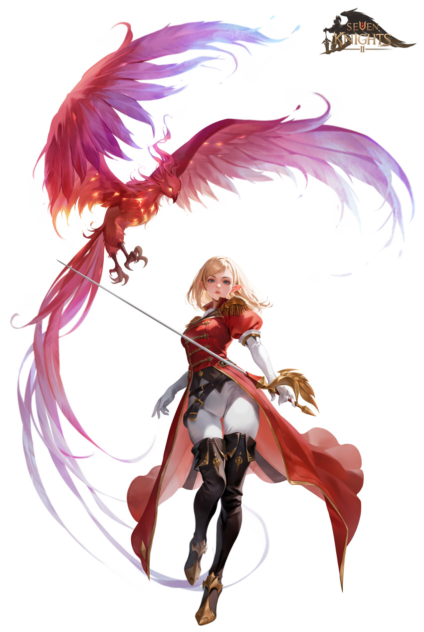 1girl absurdres arms_at_sides belt bird black_belt black_boots blonde_hair blue_eyes boots breasts character_request coat covered_groin elbow_gloves epaulettes fold-over_boots full_body gloves gold_trim highres holding holding_sword holding_weapon jinwu_(jinwudraw) knees_together_feet_apart looking_at_viewer multiple_belts pantyhose phoenix pointy_ears puffy_short_sleeves puffy_sleeves rapier red_coat seven_knights short_sleeves simple_background small_breasts standing standing_on_one_leg sword thigh_boots weapon white_background white_gloves white_pantyhose wind