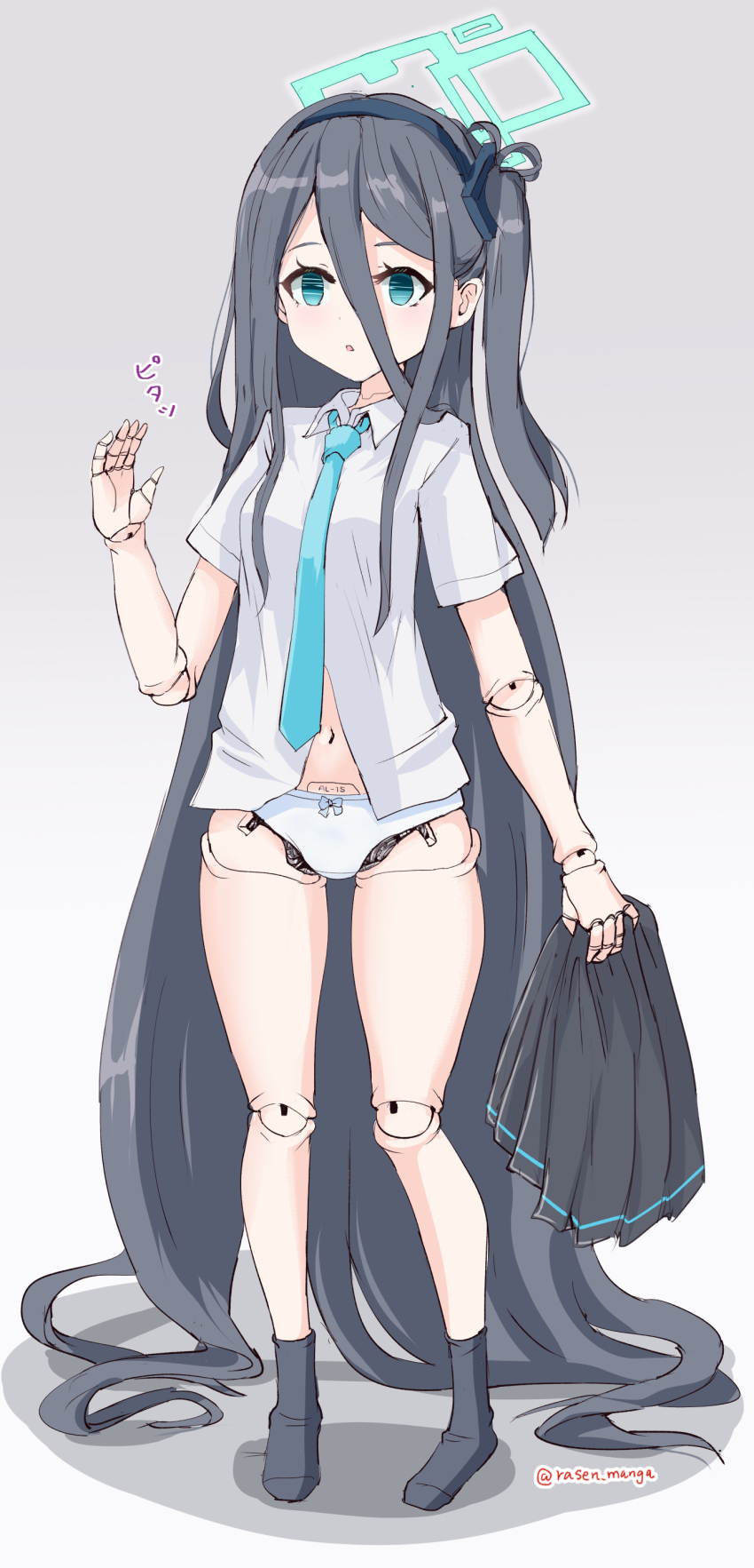 1girl absurdly_long_hair absurdres android aqua_halo aris_(blue_archive) black_hair black_hairband blue_archive blue_eyes blue_necktie collared_shirt commentary_request doll_joints empty_eyes full_body gradient_background grey_background hair_between_eyes hairband halo highres holding holding_unworn_clothes holding_unworn_skirt joints long_hair long_hair_between_eyes looking_at_viewer mechabare necktie no_pants panties parted_lips rasen_manga rectangular_halo shirt short_sleeves simple_background skirt solo standing underwear unworn_skirt very_long_hair white_panties white_shirt