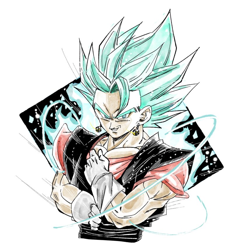 1boy 1rasutotoukou absurdres aura blue_eyes blue_hair dragon_ball dragon_ball_super earrings highres jewelry male_focus medium_hair orange_shirt partially_colored potara_earrings shirt simple_background smirk solo spiked_hair super_saiyan super_saiyan_blue upper_body vegetto white_background