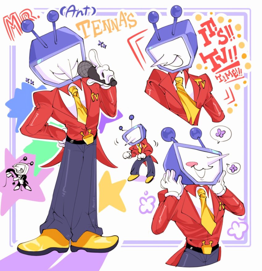 1boy ant_tenna belt black_belt character_name crt deltarune gloves grey_pants hand_on_own_hip hands_on_own_face highres holding holding_microphone male_focus microphone minteutokki1 multiple_views necktie object_head pants pointy_nose shoes smile spoken_flower star_(symbol) tailcoat white_gloves yellow_necktie yellow_shoes