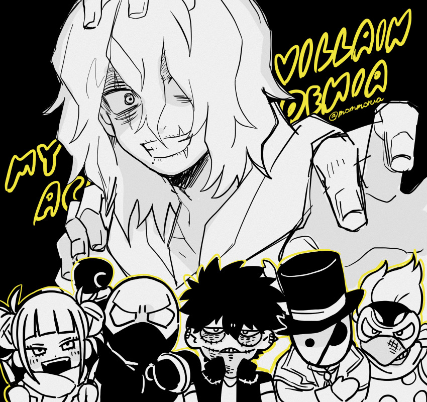 1girl 5boys blunt_bangs boku_no_hero_academia bubaigawara_jin double_bun hair_bun highres messy_hair mommorua multiple_boys sidelocks toga_himiko