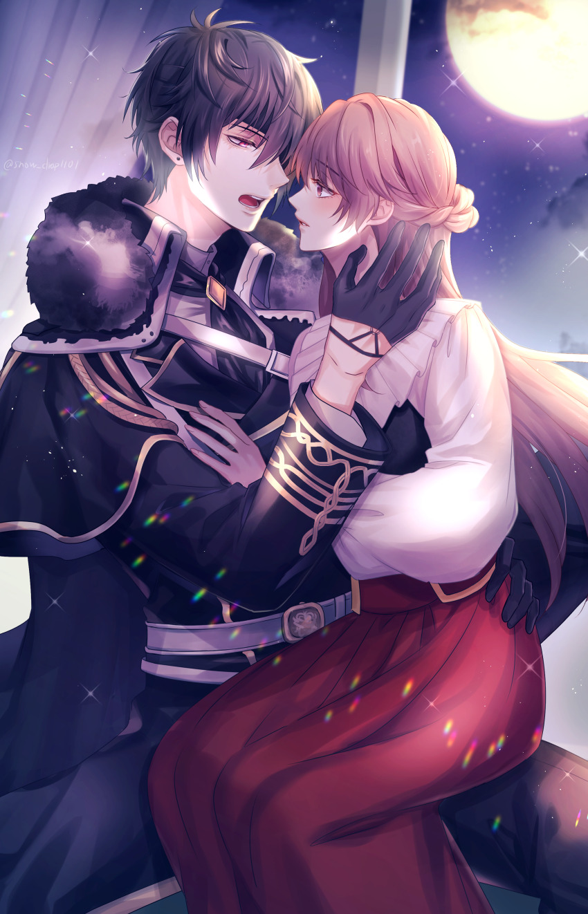 1boy 1girl :o absurdres ascot black_ascot black_gloves black_hair emma_(ikemen_prince) eye_contact eyepatch full_moon fur_trim gilbert_von_obsidian gloves hand_around_waist hetero highres ikemen_prince long_sleeves looking_at_another moon night on_lap red_skirt skirt y_(pixiv69889180)