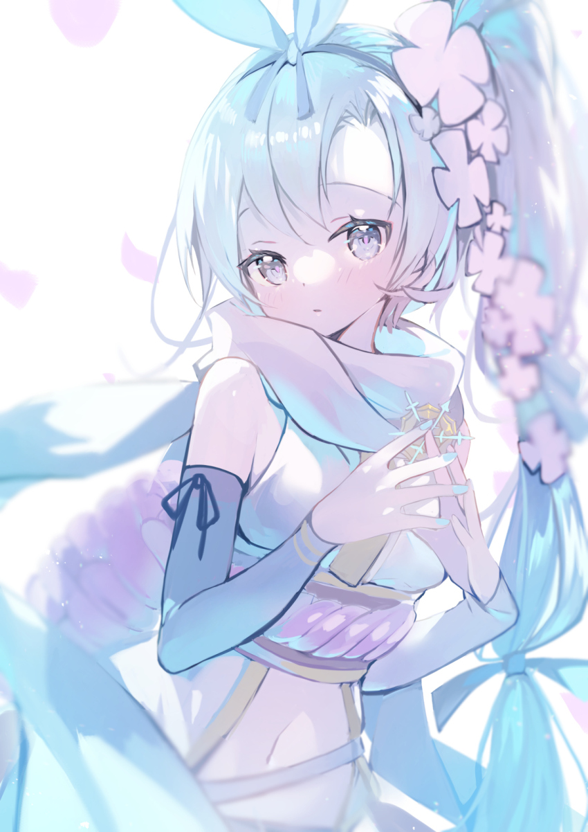 07touka25 1girl arm_warmers backlighting bare_shoulders blue_eyes blue_hair blue_hairband blue_nails blue_scarf bow_hairband commentary falling_petals flower hair_flower hair_ornament hairband highres kousetsu_samonji_(tenka_hyakken) light_blue_hair long_hair looking_at_viewer midriff nail_polish navel parted_bangs parted_lips petals rope scarf shimenawa side_ponytail sleeveless snowflake_brooch solo steepled_fingers tenka_hyakken
