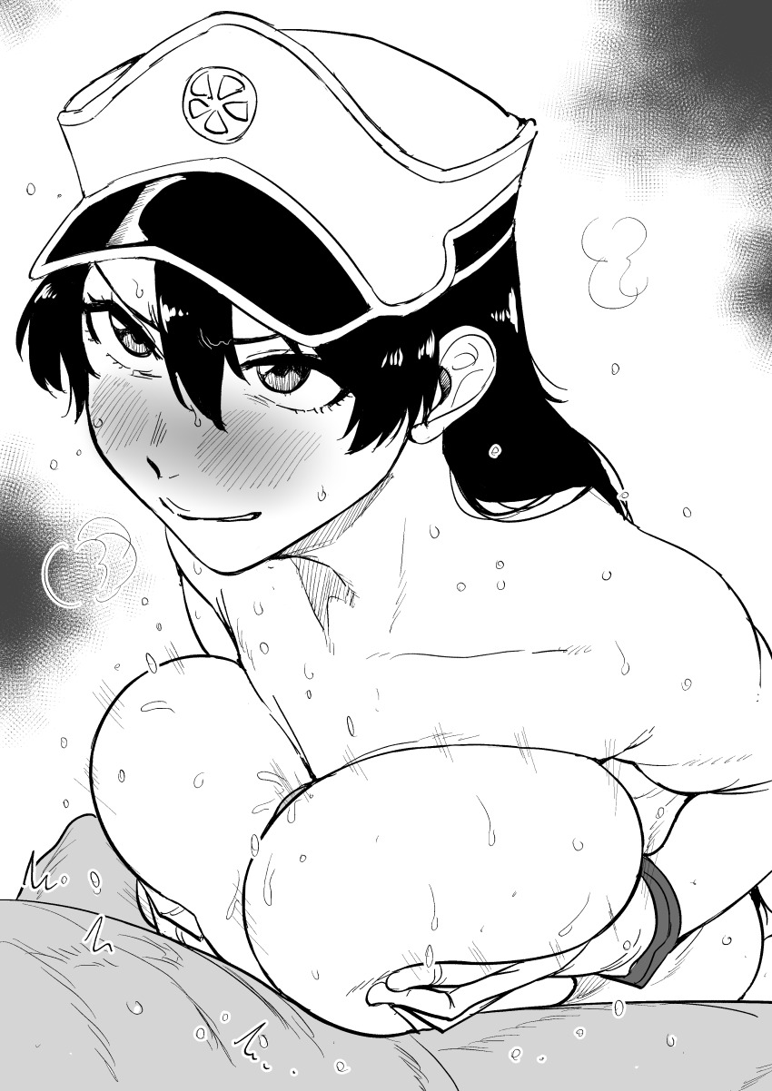 1boy 1girl absurdres bambietta_basterbine bare_shoulders black_hair bleach bleach:_sennen_kessen-hen blush breasts collarbone hat highres kaiman_garupan large_breasts long_hair military_hat monochrome nude paizuri quincy_(bleach) simple_background steam sternritter sweat