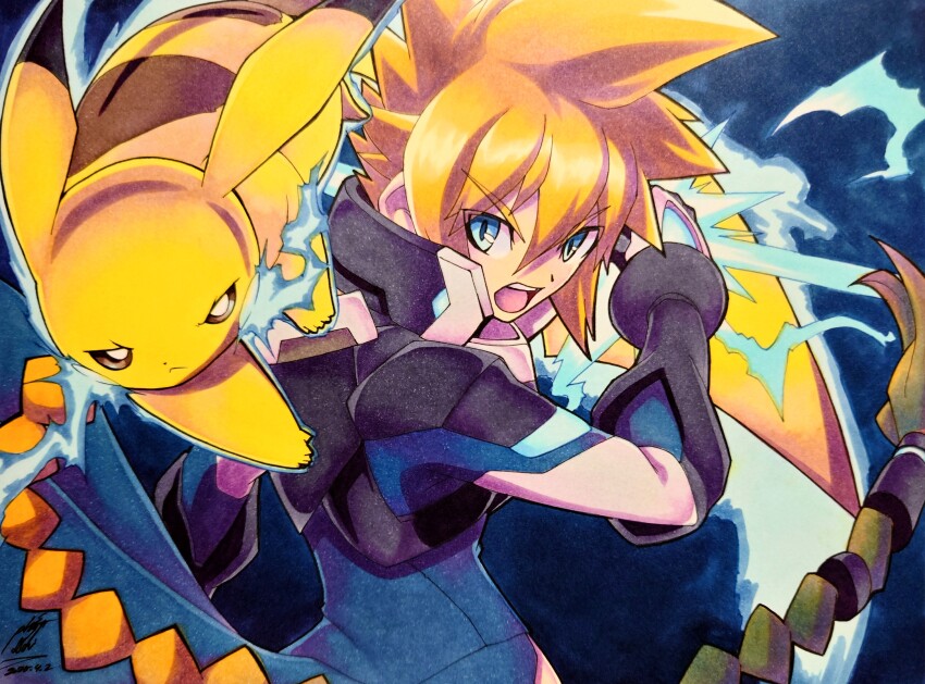 025aki absurdres azure_striker_gunvolt blonde_hair blue_background blue_coat blue_eyes body_fur braid braided_ponytail coat cowboy_shot crossover dated gen_1_pokemon gunvolt highres long_hair nintendo pikachu pokemon pokemon_(creature) signature simple_background trait_connection yellow_fur