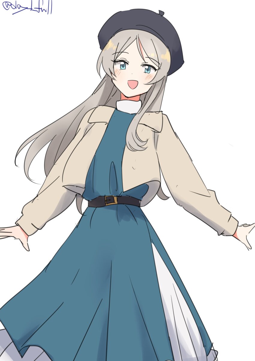 1girl absurdres beret black_hat blue_dress blue_eyes dress feet_out_of_frame grey_hair hat highres jacket javelin_(autumn)_(kancolle) javelin_(kancolle) kantai_collection long_hair official_alternate_costume one-hour_drawing_challenge parted_bangs robinson_(day_l_full) simple_background smile solo twitter_username white_background white_jacket