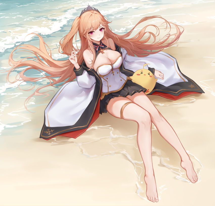 &gt;_&lt; 1girl absurdres alternate_costume azur_lane bare_shoulders barefoot beach breasts cleavage commentary_request cross crown day detached_sleeves dress feet fleur-de-lis floating_hair french_flag full_body gold_trim hand_up highres large_breasts legs long_hair looking_at_viewer manjuu_(azur_lane) negi_kome ocean off_shoulder one_side_up orange_hair outdoors pink_eyes richelieu_(azur_lane) sitting solo thigh_strap thighs toes very_long_hair white_dress