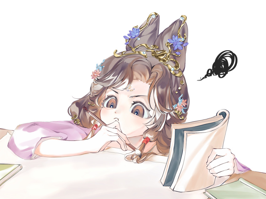1girl :&lt; arm_on_table black_eyes black_hair book calligraphy_brush cone_hair_bun double_bun facial_mark flower forehead_mark hair_bun hair_flower hair_ornament highres holding holding_book holding_calligraphy_brush holding_paintbrush huadian jiu_niangzi jiu_niangzi_(blossom_spring_fairy) long_hair looking_down official_alternate_costume paintbrush paper pink_flower purple_flower reverse:1999 solo squiggle table upper_body white_background zuoshuiqiong