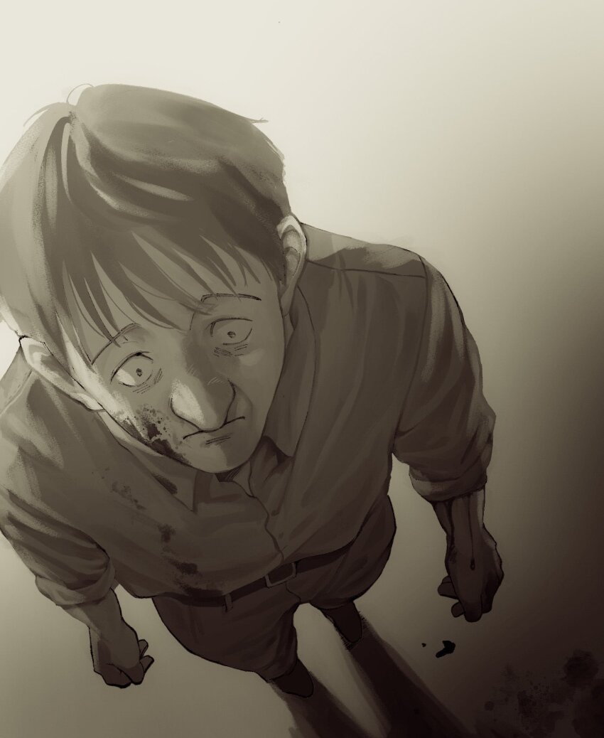 1boy blood blood_on_face blood_on_hands blood_splatter highres horrified male_focus monster_(manga) rokudenaru sepia shirt short_hair solo wolfgang_grimmer