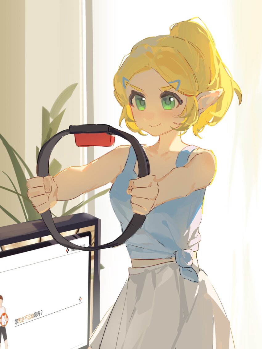 1girl bare_arms bare_shoulders blonde_hair blue_tank_top closed_mouth commentary cowboy_shot exercising green_eyes hair_ornament highres indoors midriff_peek nintendo plant pointy_ears ponytail princess_zelda ring-con ring_fit_adventure shirt short_hair skirt smile solo standing tank_top television the_legend_of_zelda the_legend_of_zelda:_tears_of_the_kingdom tied_shirt white_skirt yumiyumo3o