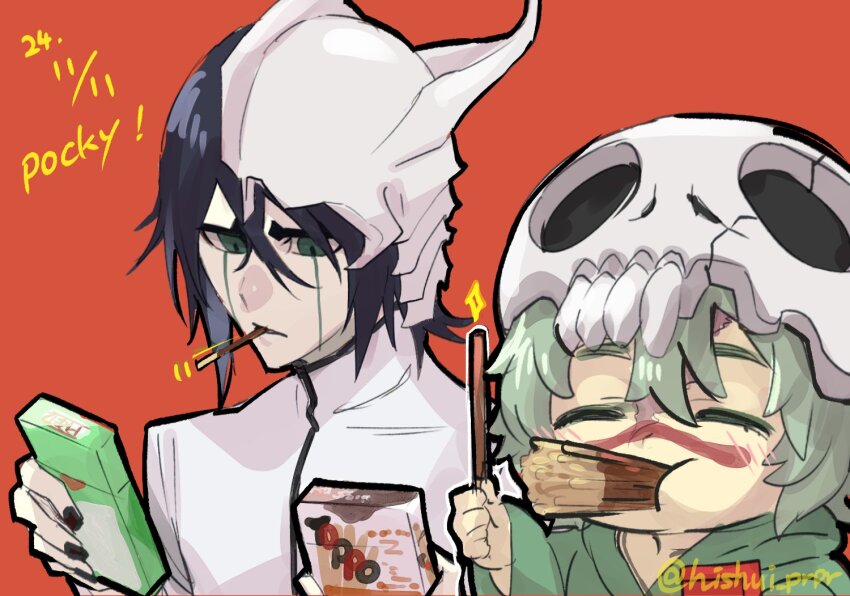 1boy 1girl arrancar artist_name black_hair black_nails bleach broken_helmet child closed_eyes facial_mark fake_horns food food_in_mouth green_eyes green_hair hair_between_eyes hair_ornament helmet hishui_prpr holding holding_food holding_pocky horned_helmet horns nelliel_tu_odelschwanck pocky pocky_in_mouth scar_on_head shirt skull_hair_ornament ulquiorra_cifer white_shirt