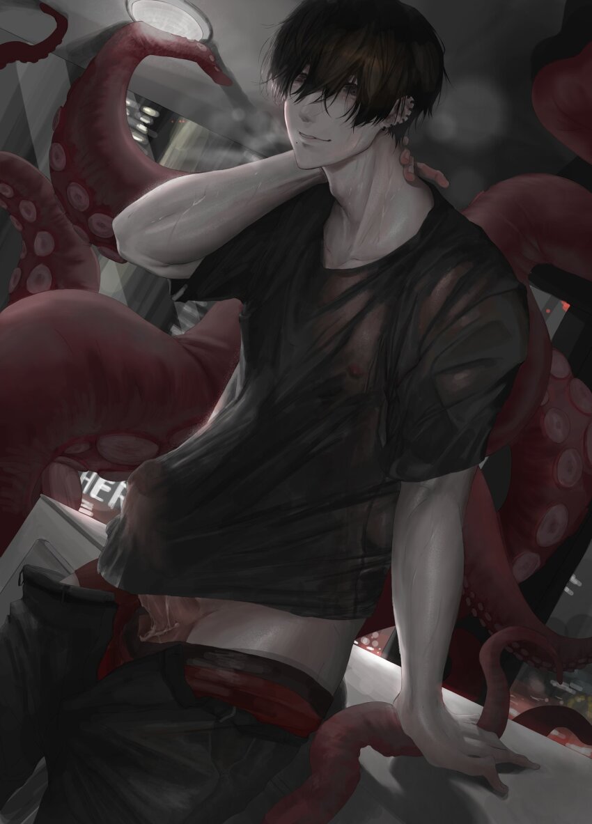 1boy ahncenthera black_hair chainsaw_man cum highres large_penis male_focus pale_skin penis see-through_clothes tentacles yoshida_hirofumi