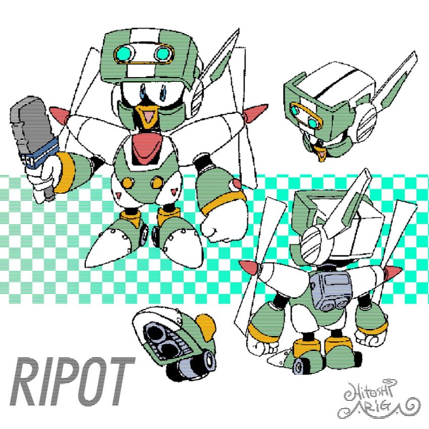 1boy :&gt; aqua_background ariga_hitoshi armor artist_name black_bodysuit blue_eyes bodysuit character_name checkered_background clenched_hands commentary_request concept_art from_above from_behind full_body gem gloves gradient_background green_armor green_background green_footwear green_helmet happy head-mounted_display helmet highres holding holding_microphone looking_ahead looking_at_viewer male_focus mega_man:_battle_&amp;_chase mega_man_(classic) mega_man_(series) mega_man_megamix microphone multiple_views no_humans non-humanoid_robot open_mouth portrait propeller reference_sheet ripot_(mega_man) robot robot_ears scanlines screw shoe_soles shoes signature simple_background standing tank_(container) turnaround white_armor white_background white_gloves yellow_gemstone