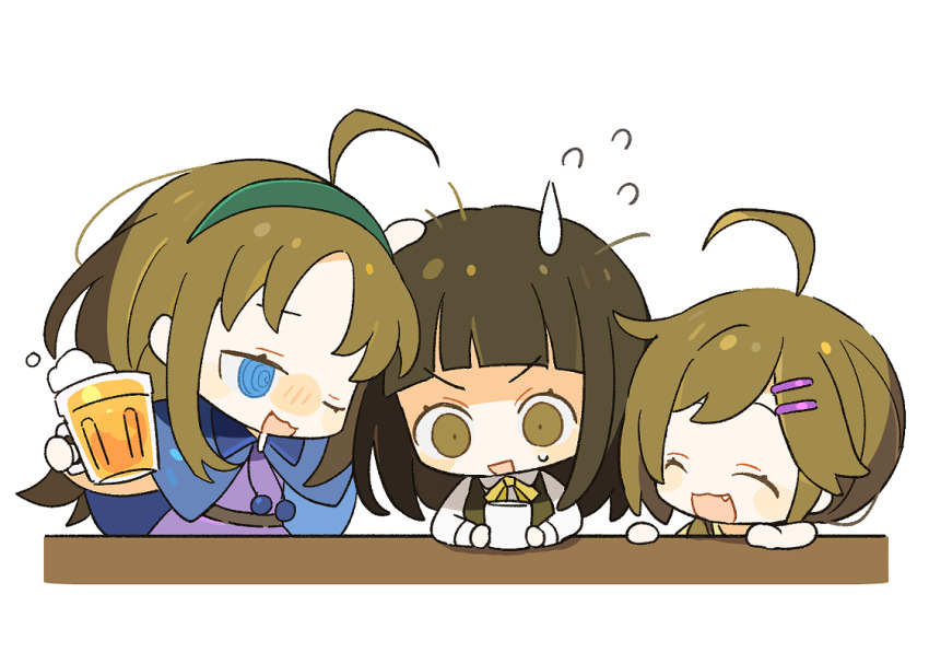 3girls :3 @_@ ahoge alcohol beer beer_mug blue_capelet blue_eyes blunt_bangs brown_eyes brown_hair capelet chibi chinese_commentary closed_eyes comedic_sweatdrop commentary_request cup drooling drunk fang flying_sweatdrops girl_sandwich gotou_erina green_hairband hair_ornament hairband hairclip headpat holding holding_cup long_hair mug multiple_girls neck_ribbon nervous niimura_chigaya niimura_kana one_eye_closed open_mouth ribbon ringed_eyes sakuraihum sandwiched shigatsu_youka shirt simple_background small_sweatdrop upper_body v-shaped_eyebrows white_background white_shirt wide-eyed