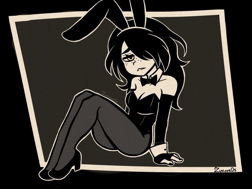 1girl animal_ears arm_support artist_name bare_shoulders black_bow black_bowtie black_hair black_nails bow bowtie breasts cleavage detached_sleeves fake_animal_ears freckles grey_background grey_leggings hair_over_one_eye heart highres julia_(the_coffin_of_andy_and_leyley) leggings leotard luv_ore0s medium_breasts playboy_bunny solo the_coffin_of_andy_and_leyley yellow_eyes