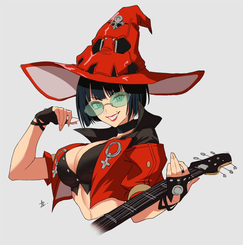 1girl arc_system_works black_hair breasts choker cleavage fingerless_gloves gloves green_eyes guilty_gear guilty_gear_strive guitar hat highres i-no instrument large_breasts lipstick looking_at_viewer makeup midriff mole mole_above_mouth smile solo sunglasses witch_hat zedoraart