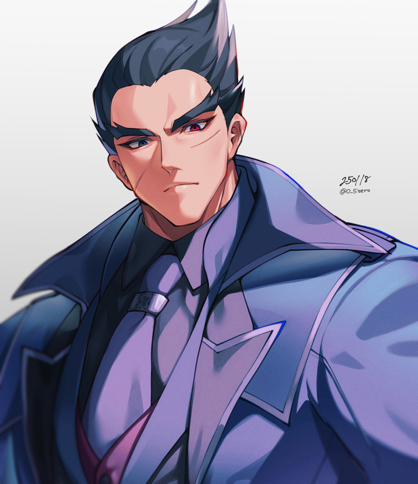 black_hair black_shirt dated heterochromia highres jacket male_focus mishima_kazuya necktie purple_jacket purple_necktie red_eyes shirt short_hair simple_background tekken twitter_username white_background zero-go