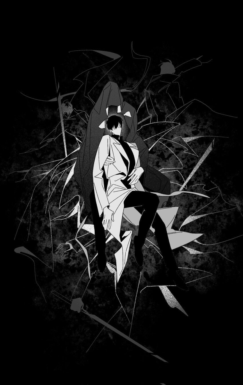 2boys benkdjjituibot black_cloak black_hair black_shirt canvas_texture cloak clone coat collared_shirt double-parted_bangs faceless full_body greyscale hair_between_eyes hands_on_another&#039;s_waist highres hood hood_up hug hug_from_behind kim_dokja knees_up leaning_on_person male_focus monochrome multiple_boys multiple_persona multiple_views omniscient_reader&#039;s_viewpoint on_ground outstretched_hand secretive_plotter shirt short_hair silhouette sitting spotlight white_coat
