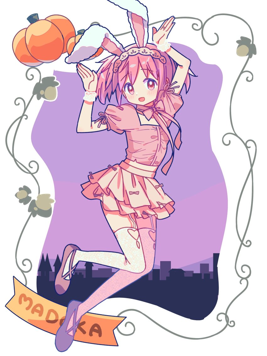 1girl :d absurdres animal_ears arms_up blush bow bowtie brown_shoes character_name child commentary dot_nose fake_animal_ears full_body garter_straps halloween highres kaname_madoka looking_at_viewer mahou_shoujo_madoka_magica mahou_shoujo_madoka_magica_(anime) open_mouth pink_bow pink_bowtie pink_eyes pink_hair pink_shirt pink_skirt pleated_skirt rabbit_ears rabbit_pose ruru_(rurumagi) shirt shoes short_hair short_sleeves skirt smile solo thighhighs white_thighhighs