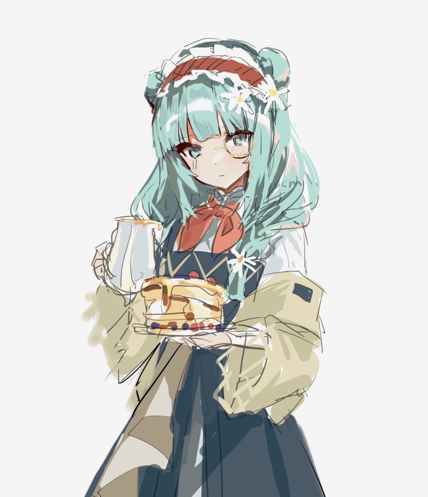 1girl animal_ears aqua_eyes aqua_hair arknights bear_ears black_dress blunt_bangs blush bow bowtie braid brown_jacket closed_mouth conallixxc cowboy_shot dress food hair_over_shoulder hairband highres holding holding_jug holding_plate istina_(arknights) istina_(bibliosmia)_(arknights) jacket long_hair long_sleeves looking_at_viewer monocle off_shoulder official_alternate_costume open_clothes open_jacket pancake pinafore_dress plate red_bow red_bowtie red_hairband simple_background single_braid sleeveless_dress solo white_background yellow-framed_eyewear