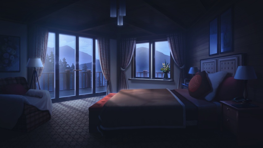 balcony bed bedroom blanket carpet chair condensation curtains daffodil dark desk_lamp flower forest hanging_light highres indoors lamp lodge morning mountainous_horizon nature non-web_source official_art our_life our_life:_beginnings_and_always photo_(object) pillow plant potted_plant railing sunrise variant_set window window_fog