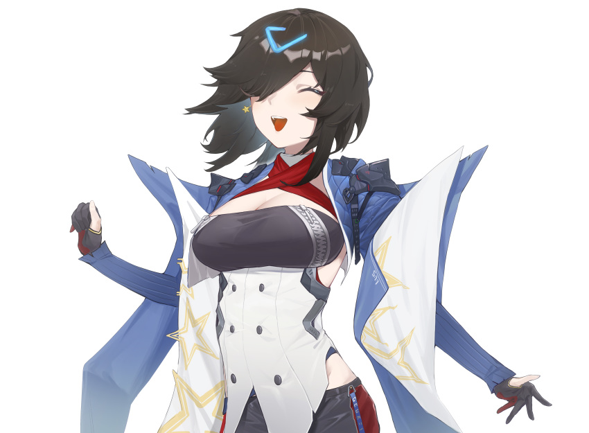1girl absurdres azur_lane black_gloves black_hair black_shirt blue_coat breast_zipper breasts buttons cleavage cleavage_cutout clothing_cutout coat double-breasted closed_eyes georgia_(azur_lane) gloves hair_ornament highres large_breasts maoxian_qiu_wan_maoxian open_clothes open_coat open_mouth partially_fingerless_gloves shirt simple_background solo teeth upper_body upper_teeth_only white_background zipper