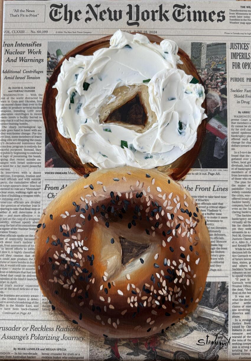 absurdres acrylic_paint_(medium) bagel chives cream_cheese food food_focus highres impasto julia_stankevych newspaper no_humans oil_painting_(medium) original painting_(medium) photo_(medium) realistic sesame_seeds signature still_life traditional_media wall_of_text