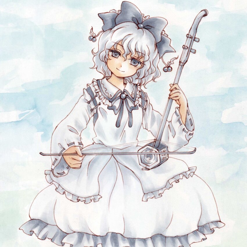1girl bow bow_(music) closed_mouth commentary_request erhu frilled_shirt frilled_shirt_collar frilled_skirt frills grey_bow grey_eyes grey_hair grey_ribbon hair_bobbles hair_bow hair_ornament head_tilt highres holding holding_instrument instrument io_(maryann_blue) japanese_clothes kariginu long_sleeves music playing_instrument satsuki_rin shirt short_hair skirt smile solo touhou traditional_media wavy_hair white_shirt wide_sleeves