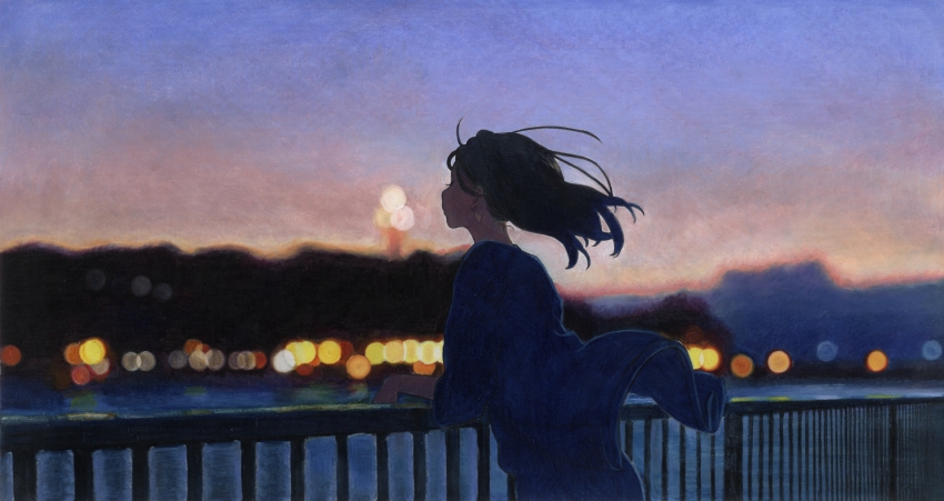 1girl absurdres blurry blurry_background bokeh colored_pencil_(medium) depth_of_field floating_hair highres nekojarashi_(yuuga) original outdoors profile sky solo traditional_media twilight wide_shot wind