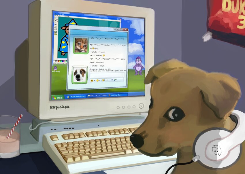 absurdres anachronism animal animal_focus bliss_(image) bonzibuddy brown_dog cat chocolate_milk commentary computer computer_keyboard crt cup desktop_(computing) dog doggo_revolution drinking_glass drinking_straw english_commentary headphones headphones_around_neck highres microsoft_paint_(software) microsoft_windows monitor msn_messenger no_humans painterly solo taskbar windows_xp