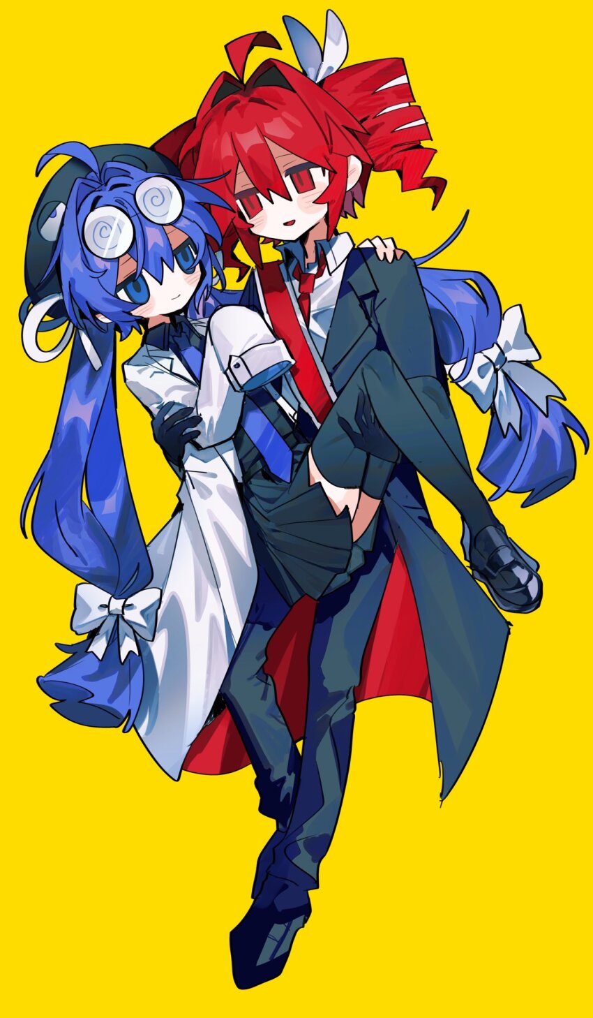 2girls ahoge beret black_gloves black_hat black_jacket black_pants black_shirt black_shoes black_skirt black_thighhighs blue_eyes blue_hair blue_necktie carrying coke-bottle_glasses collared_shirt commentary_request drill_hair eyewear_on_head full_body glasses gloves hair_intakes hair_ribbon hat highres higuchi_(bgz2p) jacket kasane_teto kasane_teto_(sv) lab_coat loafers long_hair long_sleeves looking_at_another low-tied_long_hair medium_hair multiple_girls necktie okironpa_(synthesizer_v) open_mouth otomachi_una pants princess_carry red_eyes red_hair red_necktie red_sash ribbon sash shirt shoes shoulder_sash skirt sleeves_past_fingers sleeves_past_wrists smile synthesizer_v thighhighs twin_drills twintails two-sided_fabric two-sided_jacket white_ribbon white_shirt yellow_background yuri