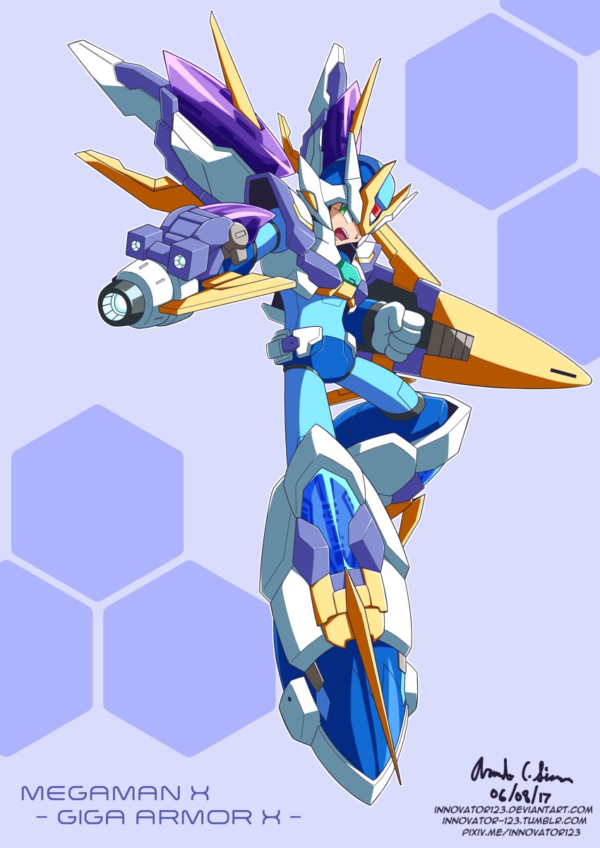 1boy absurdres android arm_cannon armor capcom commentary english_commentary gloves green_eyes helmet highres innovator123 male_focus mega_man_(series) x_(mega_man) mega_man_x_(series) robot rockmanx solo weapon