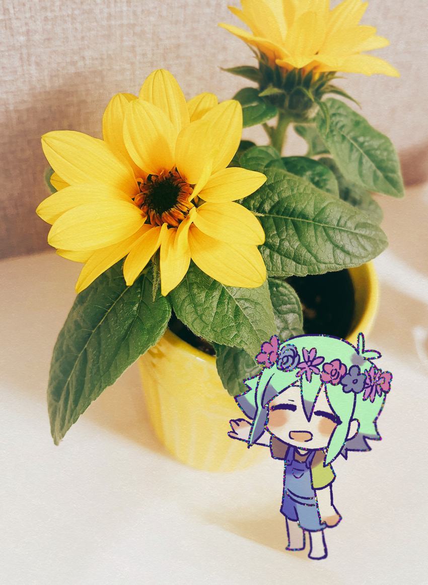 1boy absurdres barefoot basil_(headspace)_(omori) basil_(omori) blue_overalls blush chibi chibi_only closed_eyes colored_skin flower genk1zam4s green_hair green_shirt head_wreath highres male_focus omori open_mouth overall_shorts overalls photo_background plant potted_plant shirt short_sleeves smile solo t-shirt white_skin