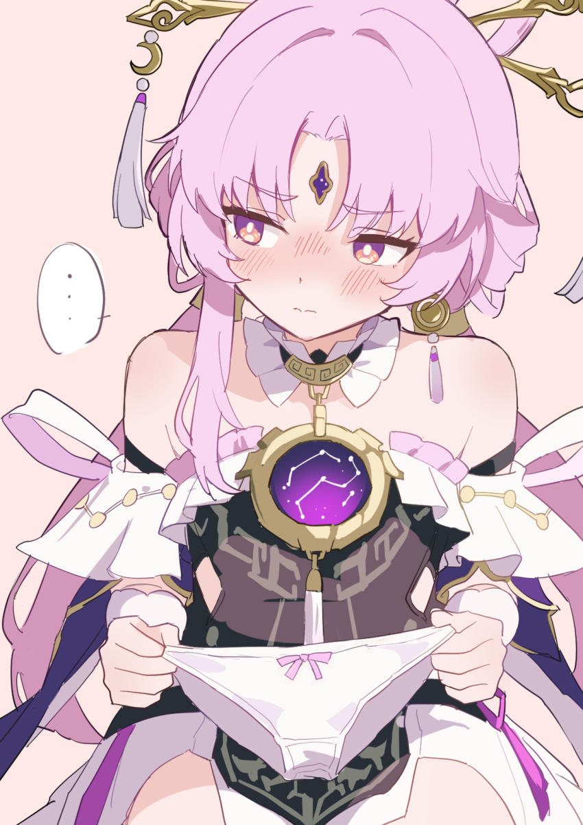... 1girl bare_shoulders bright_pupils dress forehead_jewel fu_xuan_(honkai:_star_rail) hair_ornament hairpin highres holding holding_panties holding_underwear holding_unworn_clothes honkai:_star_rail honkai_(series) long_hair looking_to_the_side off-shoulder_dress off_shoulder panties pink_eyes pink_hair simple_background solo speech_bubble underwear upper_body white_pupils yomiji292