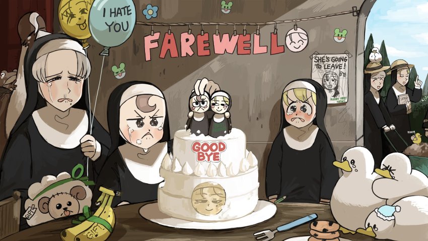6+girls animal animal_on_head baby_animal bag balloon banana bandaid bandaid_on_clothes bird bird_on_head blonde_hair blue_eyes brown_eyes brown_hair cake chicken chocolate_chip_cookie clumsy_nun_(diva) commentary cookie crying crying_with_eyes_open diva_(hyxpk) duck duckling english_commentary food fork freckles frog froggy_nun_(diva) fruit green_ribbon grey_hair habit hat highres index_finger_raised leaf_nun_(diva) little_nuns_(diva) mole mole_on_cheek mole_under_mouth multiple_girls nun on_head ostrich paper_bag pencil poster_(object) ribbon sheep_nun_(diva) silhouette slice_of_life smug_nun_(diva) snot soil strict_nun_(diva) stuffed_animal stuffed_sheep stuffed_toy sun_hat tears traditional_nun wheelbarrow