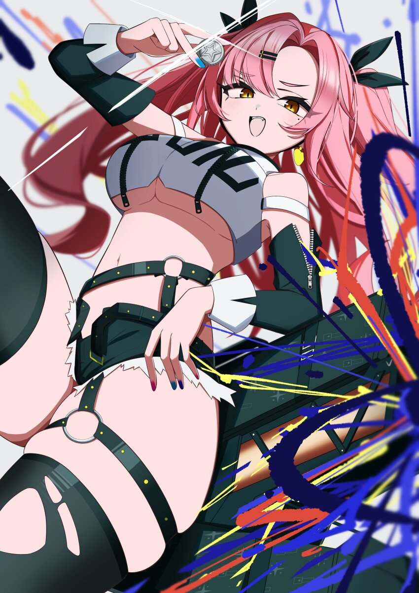 1girl absurdres black_leggings breasts coin highres large_breasts leggings looking_at_viewer nanashnojo nicole_demara open_mouth pink_hair shorts solo twintails yellow_eyes zenless_zone_zero