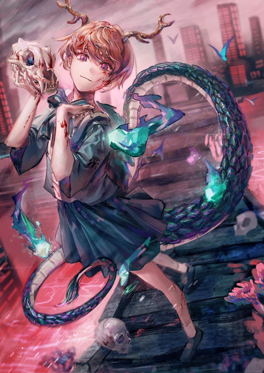 1girl :| antlers bird black_shoes blonde_hair blood blood_on_face blood_on_hands blood_on_leg blue_shirt blue_skirt building chinese_commentary closed_mouth commentary dragon_tail eyebrows_hidden_by_hair full_body green_ribbon hands_up highres hitodama holding holding_skull horns kicchou_yachie long_sleeves looking_at_viewer pavement pink_eyes ribbon shirt shoes short_hair skirt skull skyscraper slit_pupils solo somayumi standing tail touhou turtle_shell