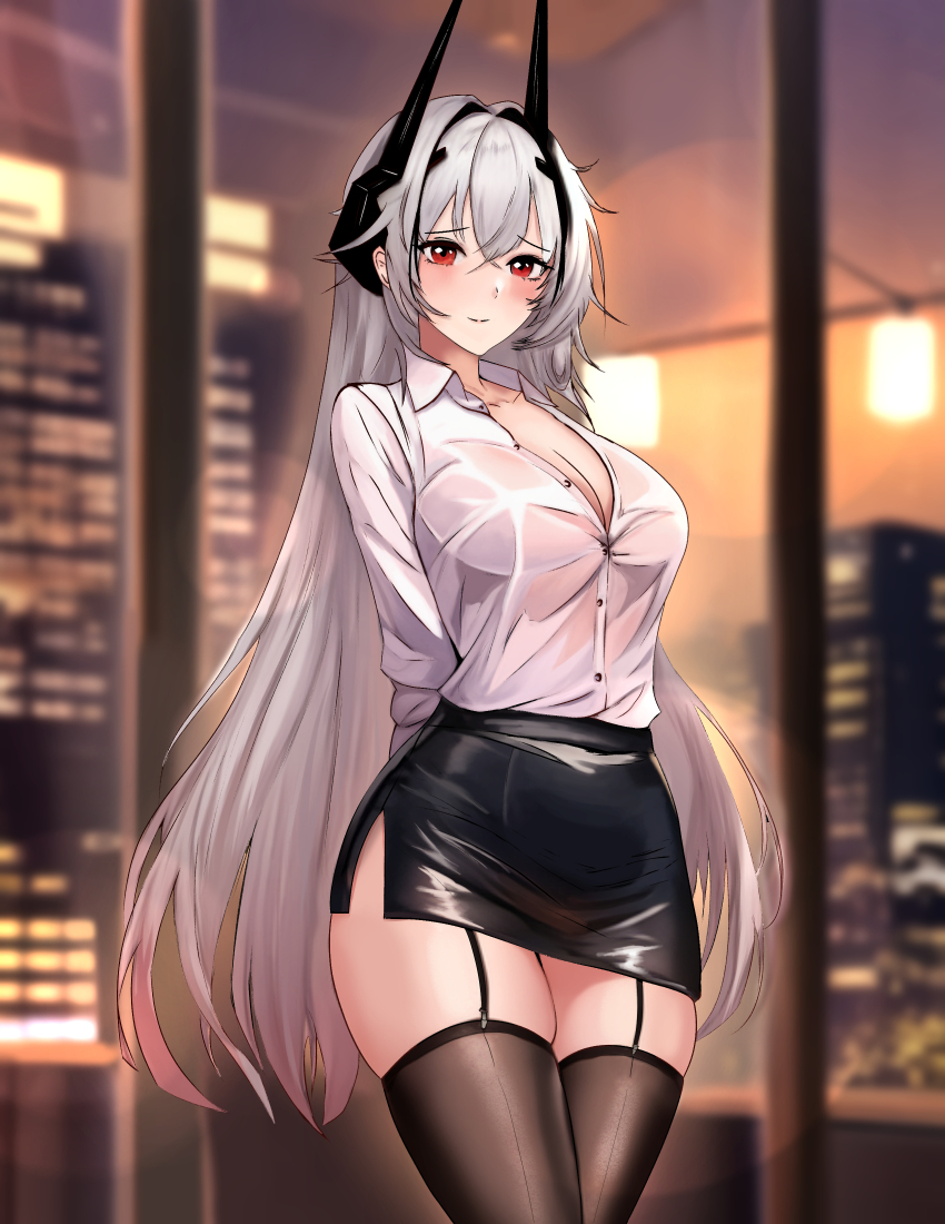 1girl absurdres alternate_costume arms_behind_back azur_lane beefusteku black_hair black_skirt black_thighhighs blurry blurry_background blush breasts building cleavage collared_shirt commentary cowboy_shot english_commentary evening garter_straps grey_hair hair_between_eyes hair_intakes highres horns indoors kursk_(azur_lane) large_breasts long_hair long_sleeves looking_at_viewer miniskirt multicolored_hair office_lady pencil_skirt red_eyes shirt skirt skyscraper smile solo streaked_hair thighhighs white_shirt