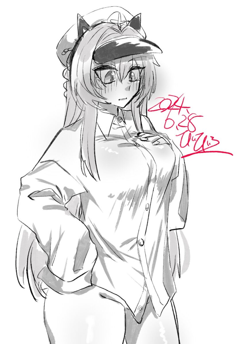 1girl alternate_costume bibie307 blush breasts cameltoe collared_shirt dated goddess_of_victory:_nikke greyscale hat helm_(nikke) highres long_hair long_sleeves monochrome naked_shirt peaked_cap shirt simple_background solo white_background white_shirt