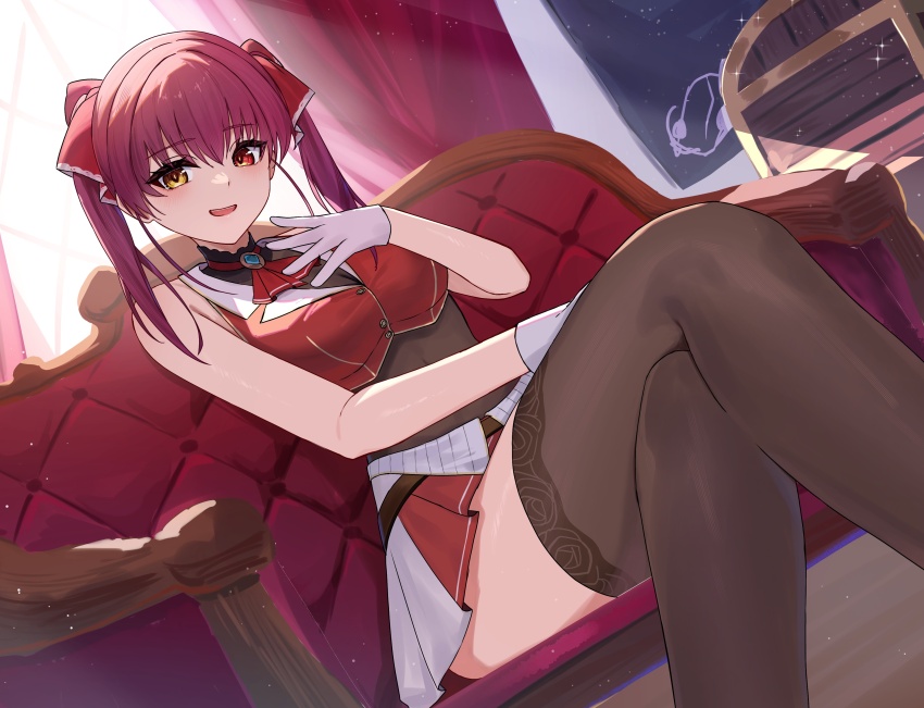 1girl absurdres anima_miko ascot black_choker black_thighhighs breasts choker cleavage cropped_jacket crossed_legs feet_out_of_frame frilled_choker frills hair_ribbon heterochromia highres hololive houshou_marine houshou_marine_(1st_costume) jacket large_breasts legs leotard leotard_under_clothes long_hair looking_at_viewer open_mouth red_ascot red_eyes red_hair red_jacket red_ribbon red_skirt ribbon skirt sleeveless sleeveless_jacket smile solo thighhighs twintails virtual_youtuber yellow_eyes