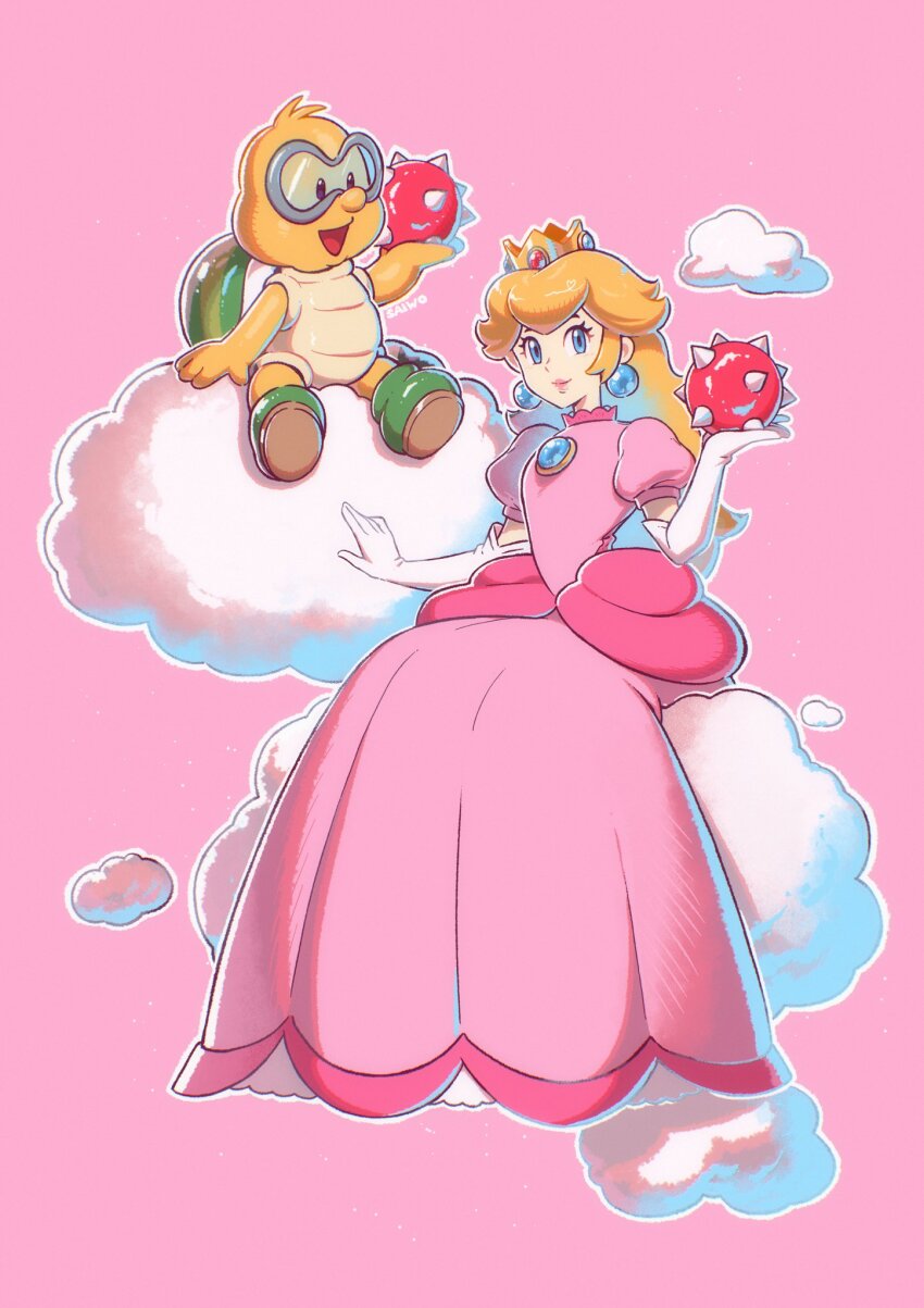 1boy 1girl blonde_hair blue_eyes boots brooch cloud crown dress earrings elbow_gloves gloves goggles green_footwear highres holding jewelry lakitu long_dress long_hair looking_at_viewer mario_(series) nintendo open_mouth pink_background pink_dress princess_peach puffy_short_sleeves puffy_sleeves saiwo_(saiwoproject) short_sleeves simple_background sitting sphere_earrings spiny_egg white_gloves
