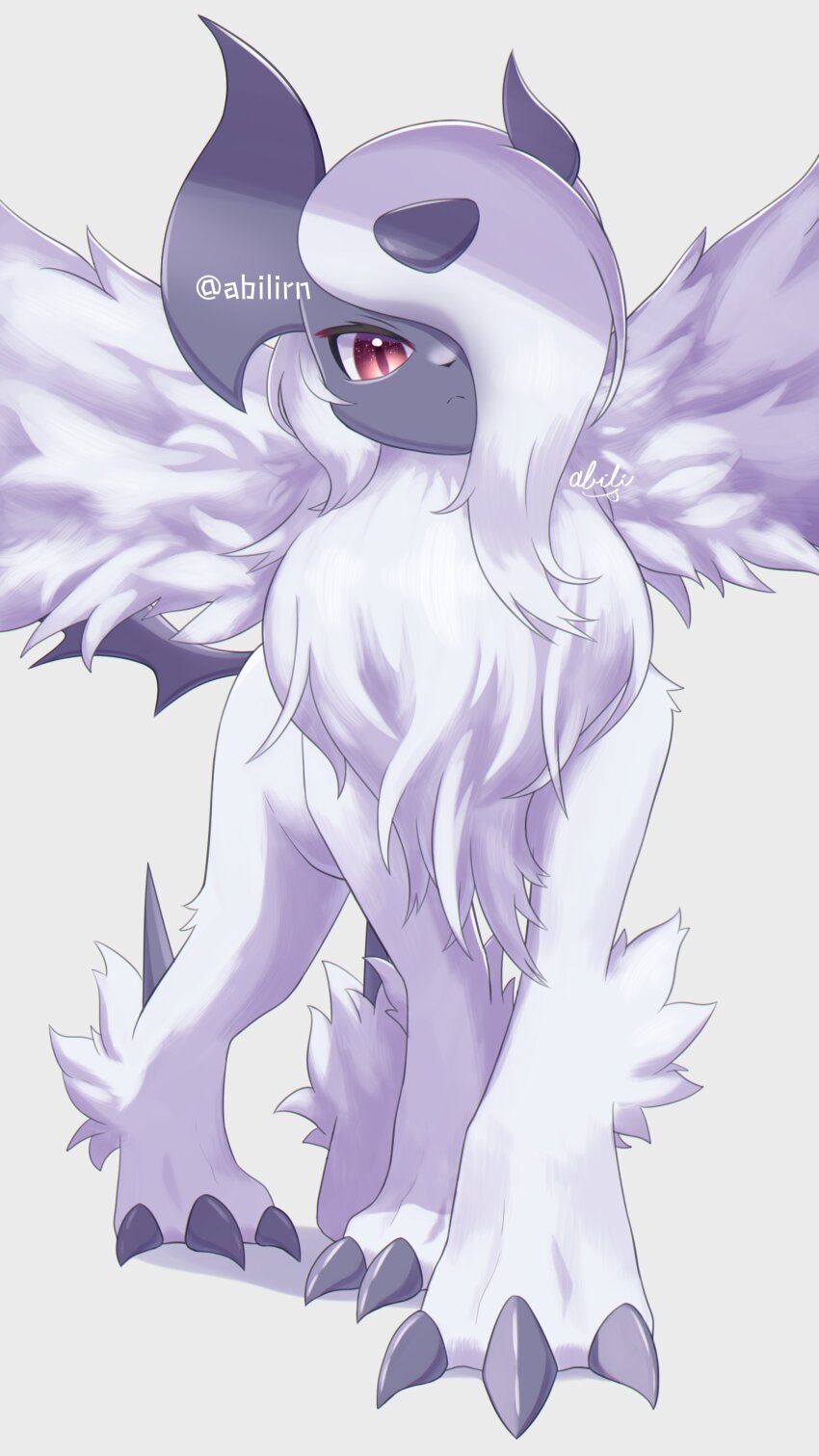 absol absurdres animal_focus claws closed_mouth commentary_request gen_3_pokemon highres horns mega_absol mega_pokemon nintendo no_humans pokemer pokemon pokemon_(creature) red_eyes twitter_username wings