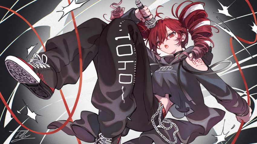 1girl absurdres arm_cutout arm_tattoo belt black_choker black_pants black_shoes chain choker clothing_cutout contemporary cropped_hoodie drawstring drill_hair floating_clothes gradient_background grey_background grey_hoodie hair_ribbon highres holding holding_microphone hood hoodie kasane_teto kasane_teto_(sv) long_sleeves looking_at_viewer medium_hair microphone multicolored_hair number_tattoo open_mouth pants pink_hair red_belt red_hair ribbon shoes solo sweatpants synthesizer_v tattoo tiffy_owoo twin_drills variant_set video_thumbnail white_background white_ribbon