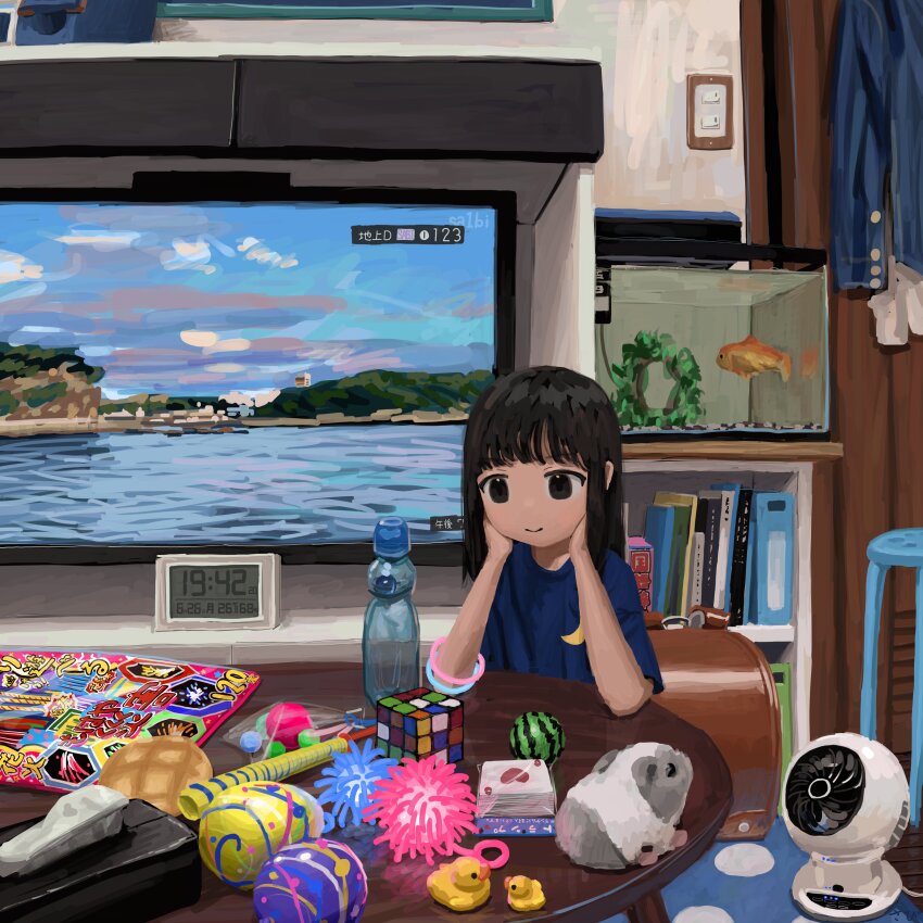 1girl absurdres alarm_clock artist_name backpack bag black_eyes black_hair blue_shirt bookshelf bracelet bread brown_bag clock closed_mouth commentary crescent_print elbows_on_table electric_fan fireworks fish fish_tank food glowstick goldfish highres house indoors jewelry long_hair looking_down melon_bread original print_shirt ramune randoseru rubber_duck rubik&#039;s_cube sa1bi shirt short_sleeves sitting slice_of_life smile solo stuffed_hamster t-shirt television tissue_box toy unworn_backpack unworn_bag water_yoyo wide_shot