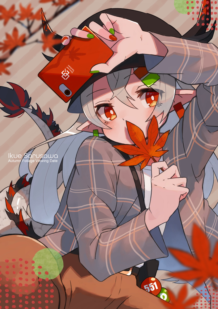 1girl absurdres autumn_leaves bright_pupils brown_jacket dragon_girl dragon_tail earclip eastern_dragon_tail fur-tipped_tail grey_hair grey_scales hair_ornament hairclip hat highres holding holding_phone horns jacket katsu_(katsupainter) leaf long_hair long_sleeves maple_leaf original phone plaid_clothes plaid_jacket pointy_ears red_eyes sarusawa_ikue scales shirt solo tail white_pupils white_shirt