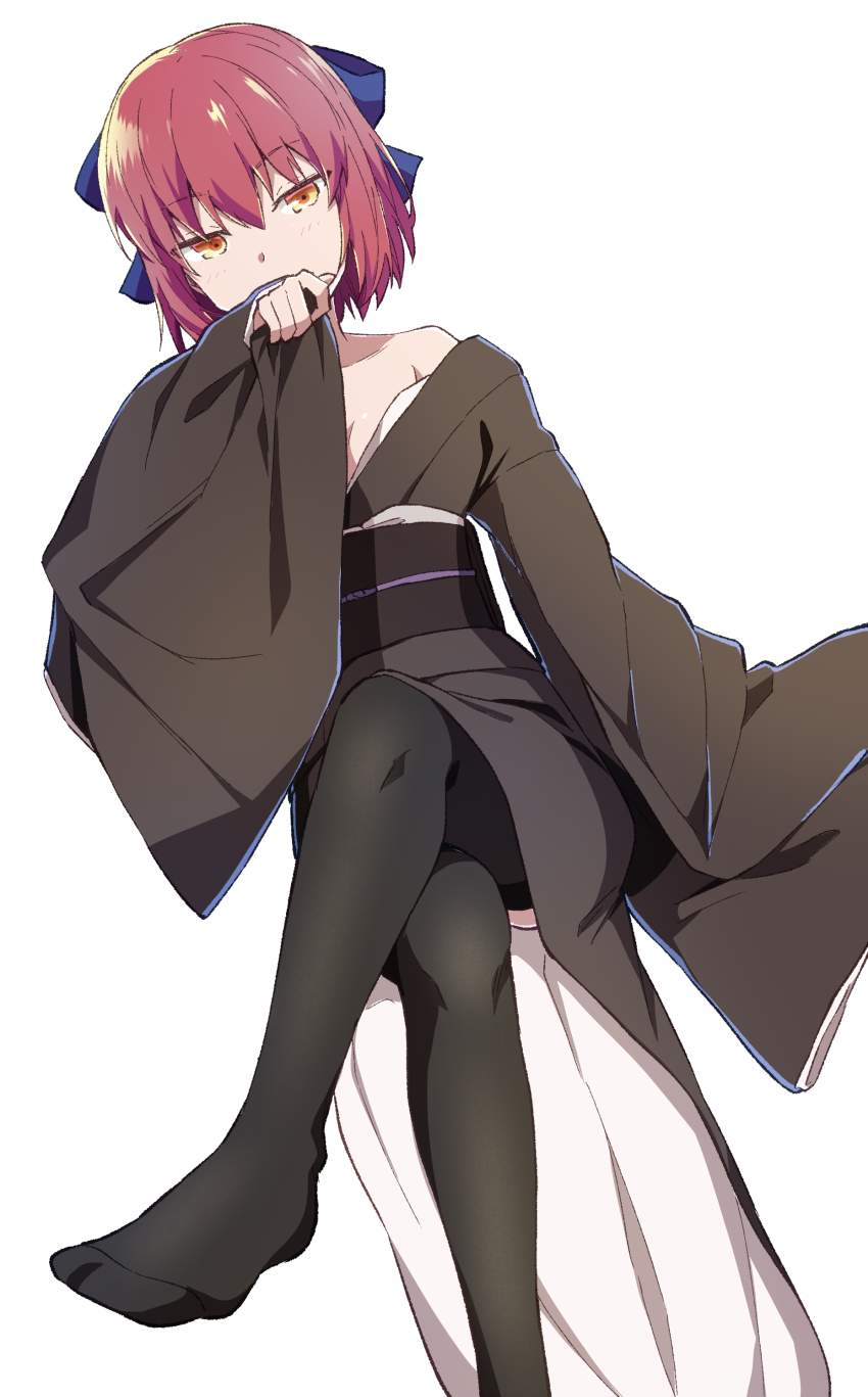 1girl absurdres azami_masurao black_kimono black_thighhighs blue_bow blush bow breasts cleavage covering_own_mouth crossed_legs hair_between_eyes hair_bow hand_over_own_mouth highres japanese_clothes kimono kohaku_(tsukihime) long_sleeves looking_at_viewer medium_hair melty_blood obi off_shoulder pinching_sleeves red_hair sash short_hair simple_background sitting small_breasts solo thighhighs tsukihime white_background wide_sleeves